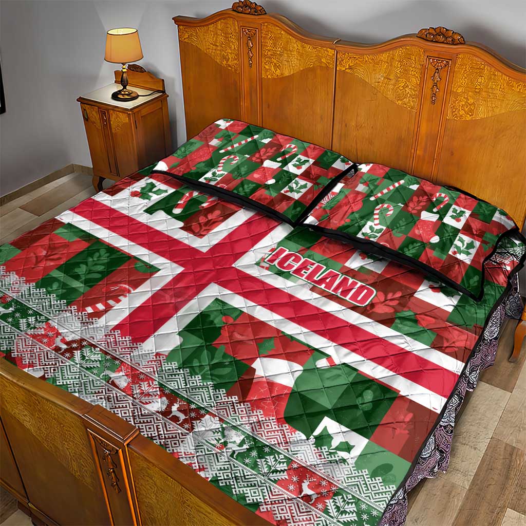 Iceland Christmas Quilt Bed Set with Green & Red Candy Cane Pattern Santa Claus and National Flag Motif - Wonder Print Shop