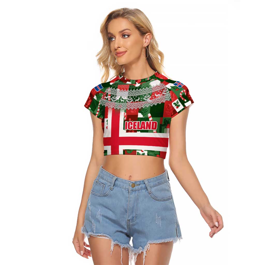 Iceland Christmas Raglan Cropped T Shirt with Green & Red Candy Cane Pattern Santa Claus and National Flag Motif - Wonder Print Shop