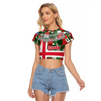 Iceland Christmas Raglan Cropped T Shirt with Green & Red Candy Cane Pattern Santa Claus and National Flag Motif - Wonder Print Shop