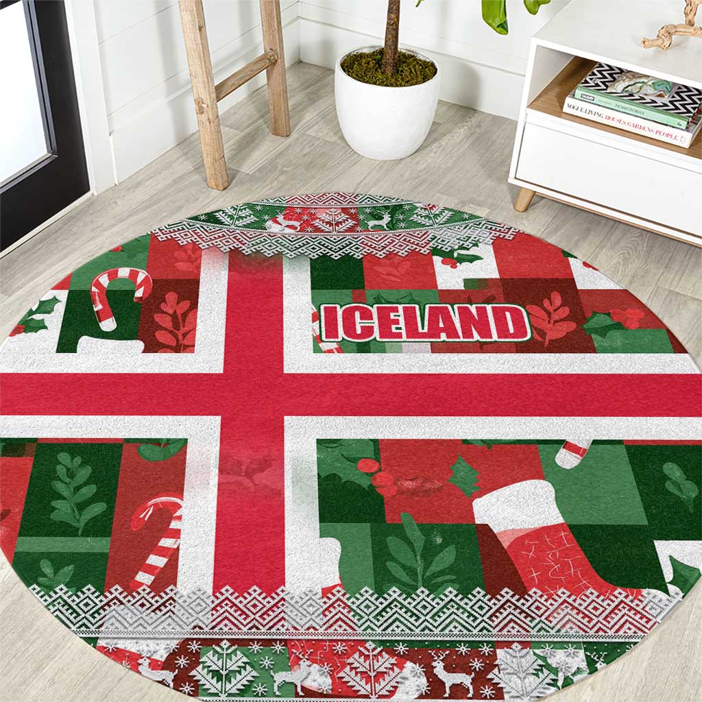 Iceland Christmas Round Carpet with Green & Red Candy Cane Pattern Santa Claus and National Flag Motif - Wonder Print Shop