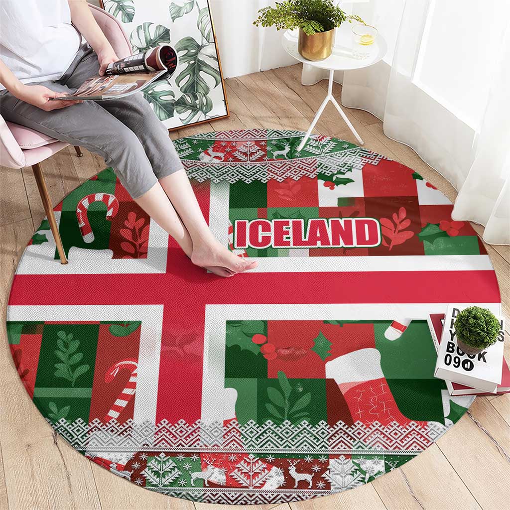 Iceland Christmas Round Carpet with Green & Red Candy Cane Pattern Santa Claus and National Flag Motif - Wonder Print Shop