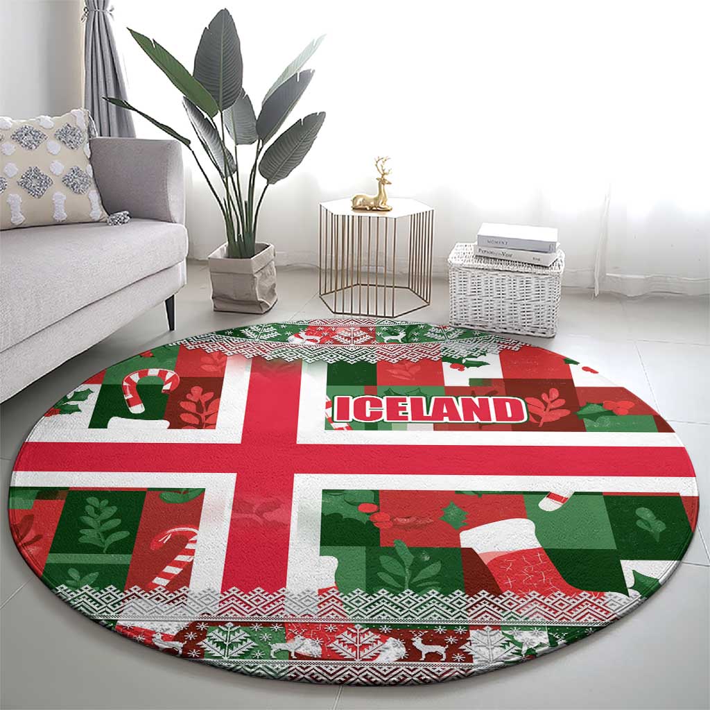 Iceland Christmas Round Carpet with Green & Red Candy Cane Pattern Santa Claus and National Flag Motif - Wonder Print Shop
