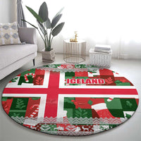 Iceland Christmas Round Carpet with Green & Red Candy Cane Pattern Santa Claus and National Flag Motif - Wonder Print Shop