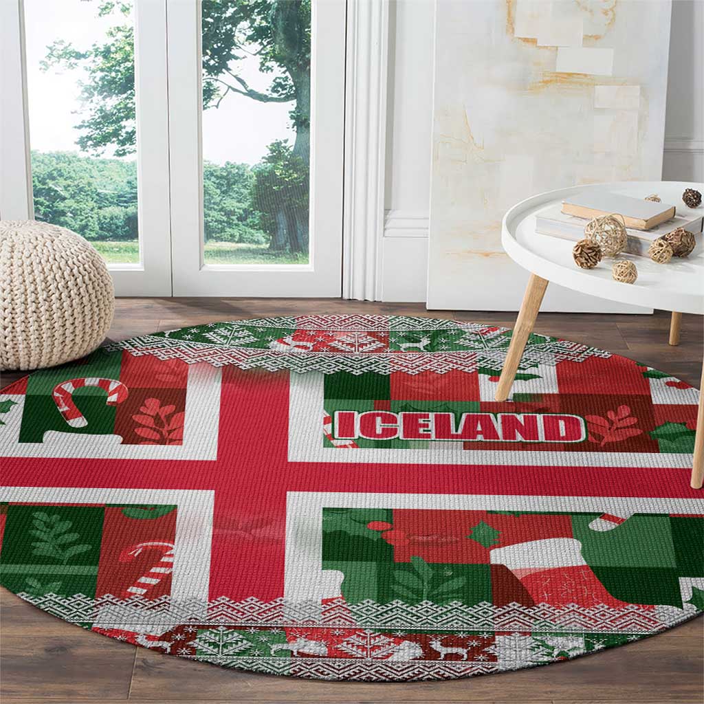 Iceland Christmas Round Carpet with Green & Red Candy Cane Pattern Santa Claus and National Flag Motif - Wonder Print Shop