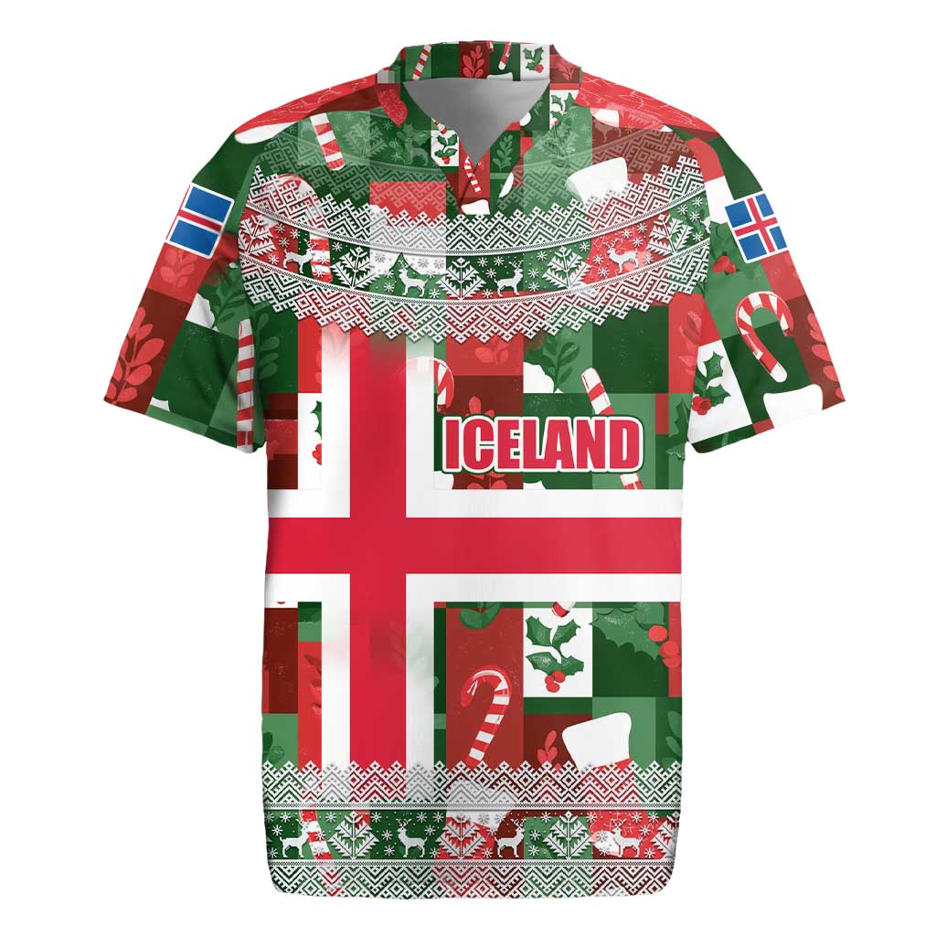 Iceland Christmas Rugby Jersey with Green & Red Candy Cane Pattern Santa Claus and National Flag Motif - Wonder Print Shop