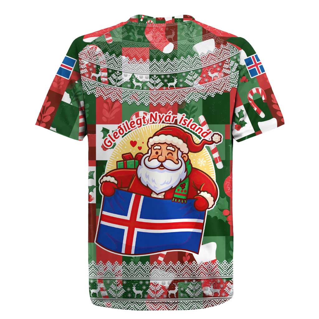Iceland Christmas Rugby Jersey with Green & Red Candy Cane Pattern Santa Claus and National Flag Motif - Wonder Print Shop