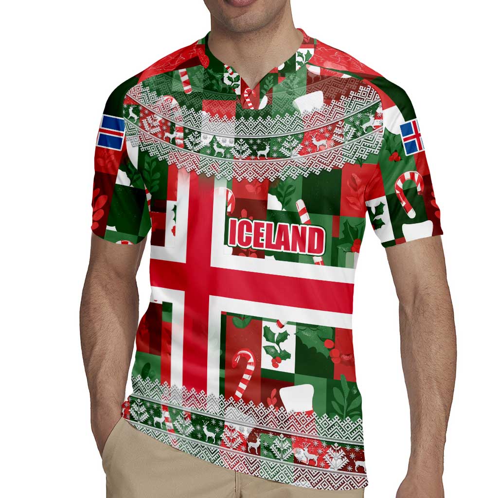 Iceland Christmas Rugby Jersey with Green & Red Candy Cane Pattern Santa Claus and National Flag Motif - Wonder Print Shop
