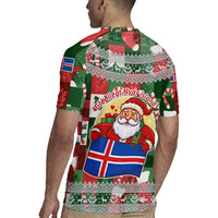 Iceland Christmas Rugby Jersey with Green & Red Candy Cane Pattern Santa Claus and National Flag Motif - Wonder Print Shop