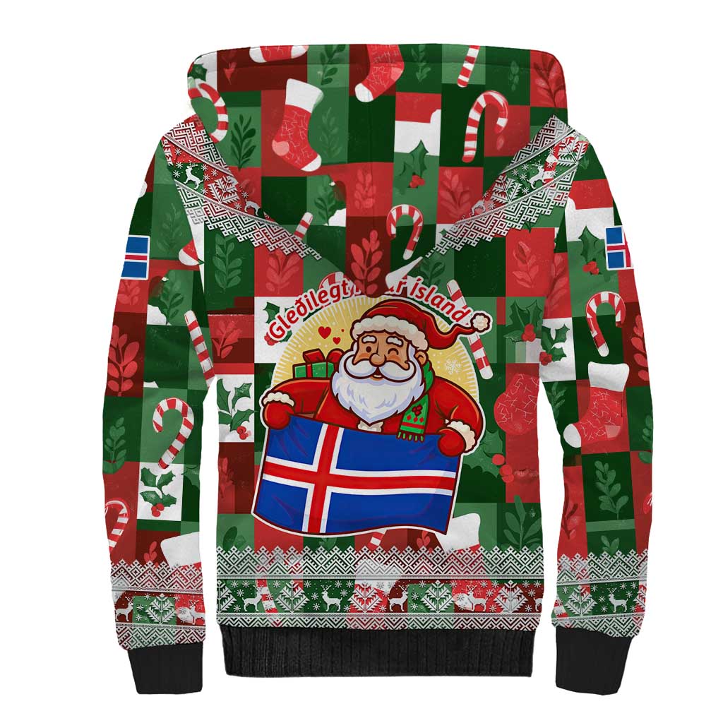 Iceland Christmas Sherpa Hoodie with Green & Red Candy Cane Pattern Santa Claus and National Flag Motif - Wonder Print Shop