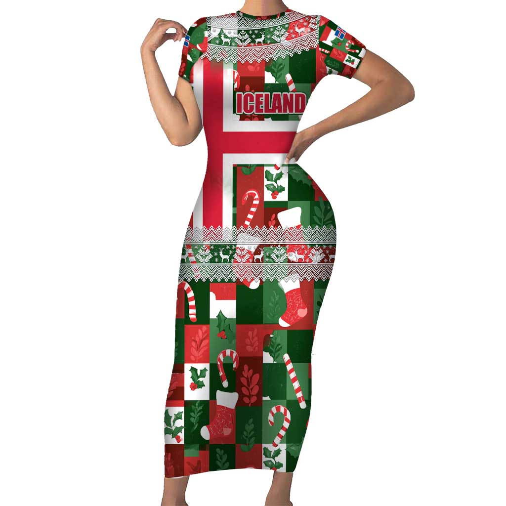 Iceland Christmas Short Sleeve Bodycon Dress with Green & Red Candy Cane Pattern Santa Claus and National Flag Motif - Wonder Print Shop