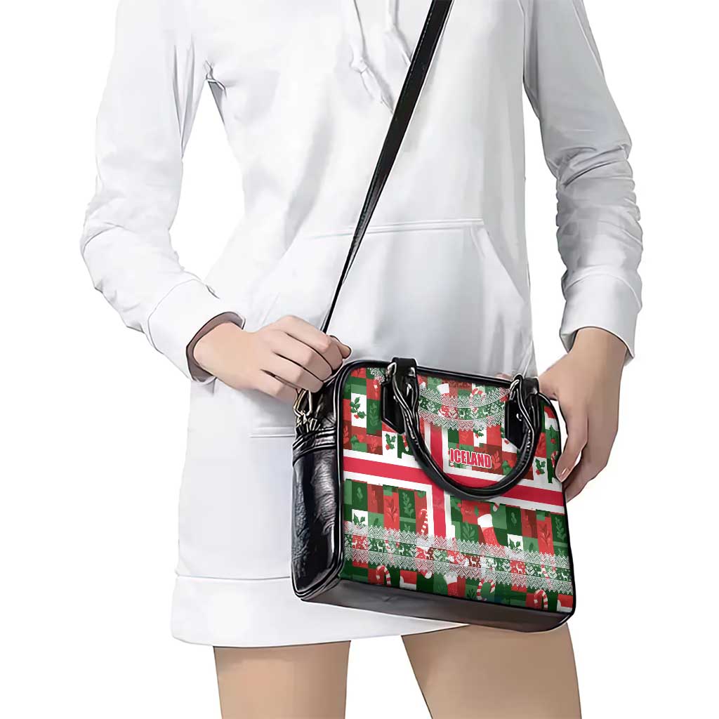 Iceland Christmas Shoulder Handbag with Green & Red Candy Cane Pattern Santa Claus and National Flag Motif - Wonder Print Shop