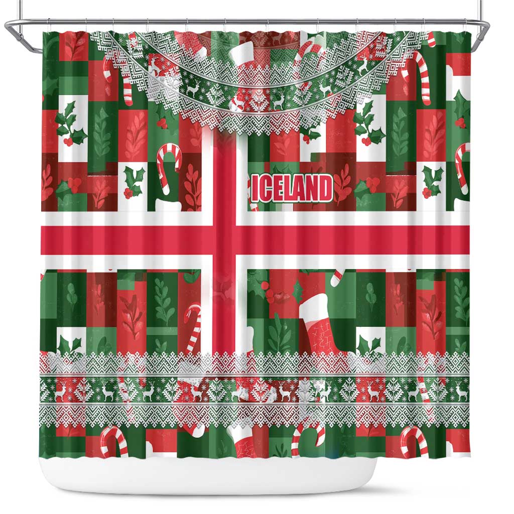 Iceland Christmas Shower Curtain with Green & Red Candy Cane Pattern Santa Claus and National Flag Motif - Wonder Print Shop