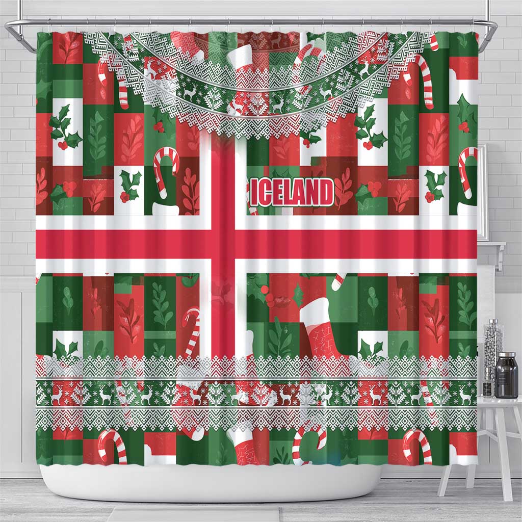 Iceland Christmas Shower Curtain with Green & Red Candy Cane Pattern Santa Claus and National Flag Motif - Wonder Print Shop
