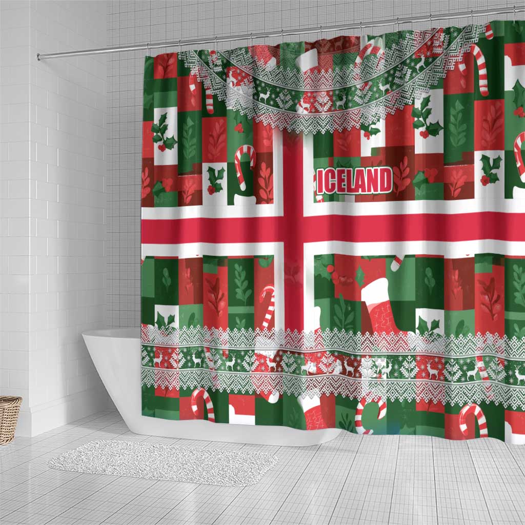 Iceland Christmas Shower Curtain with Green & Red Candy Cane Pattern Santa Claus and National Flag Motif - Wonder Print Shop