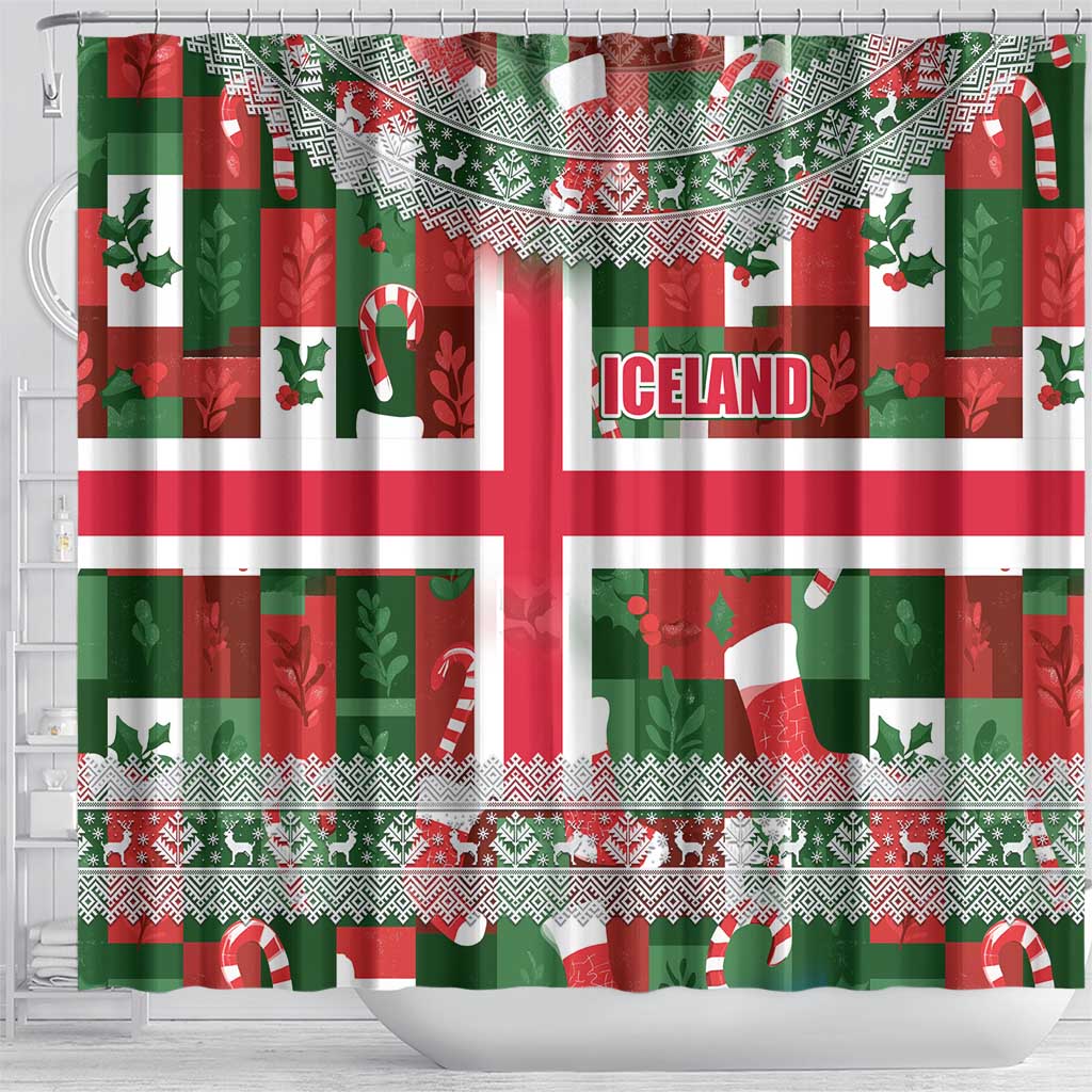 Iceland Christmas Shower Curtain with Green & Red Candy Cane Pattern Santa Claus and National Flag Motif - Wonder Print Shop