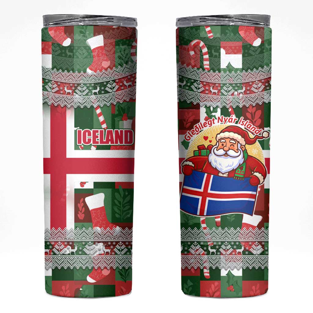 Iceland Christmas Skinny Tumbler with Green & Red Candy Cane Pattern Santa Claus and National Flag Motif - Wonder Print Shop