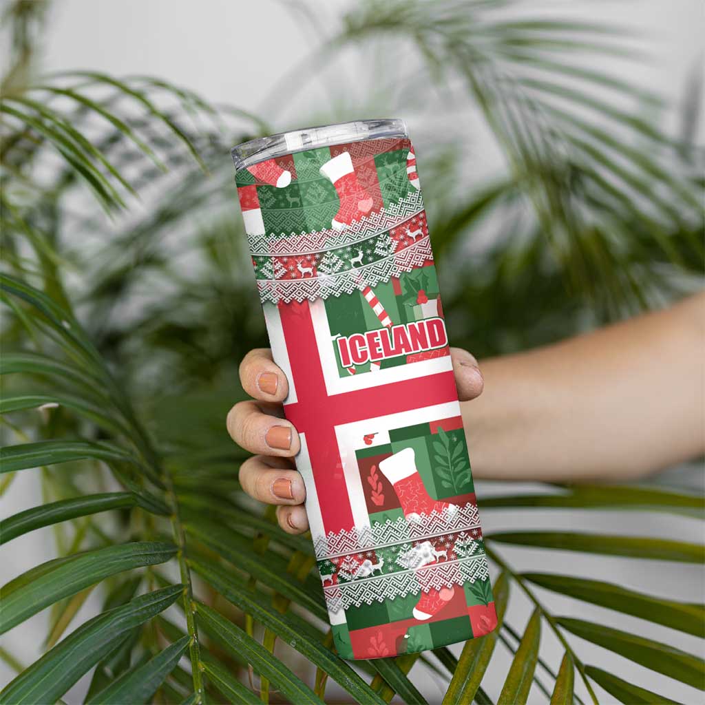 Iceland Christmas Skinny Tumbler with Green & Red Candy Cane Pattern Santa Claus and National Flag Motif - Wonder Print Shop