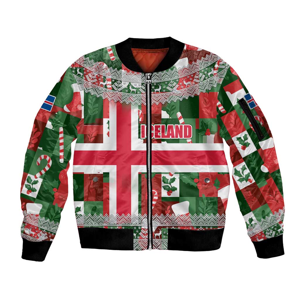 Iceland Christmas Sleeve Zip Bomber Jacket with Green & Red Candy Cane Pattern Santa Claus and National Flag Motif - Wonder Print Shop