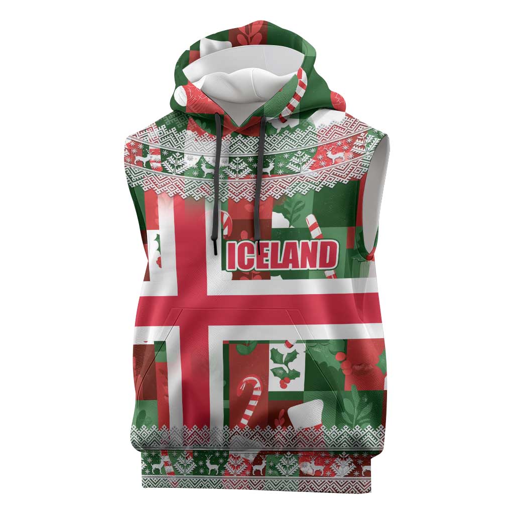 Iceland Christmas Sleeveless Hoodie with Green & Red Candy Cane Pattern Santa Claus and National Flag Motif - Wonder Print Shop