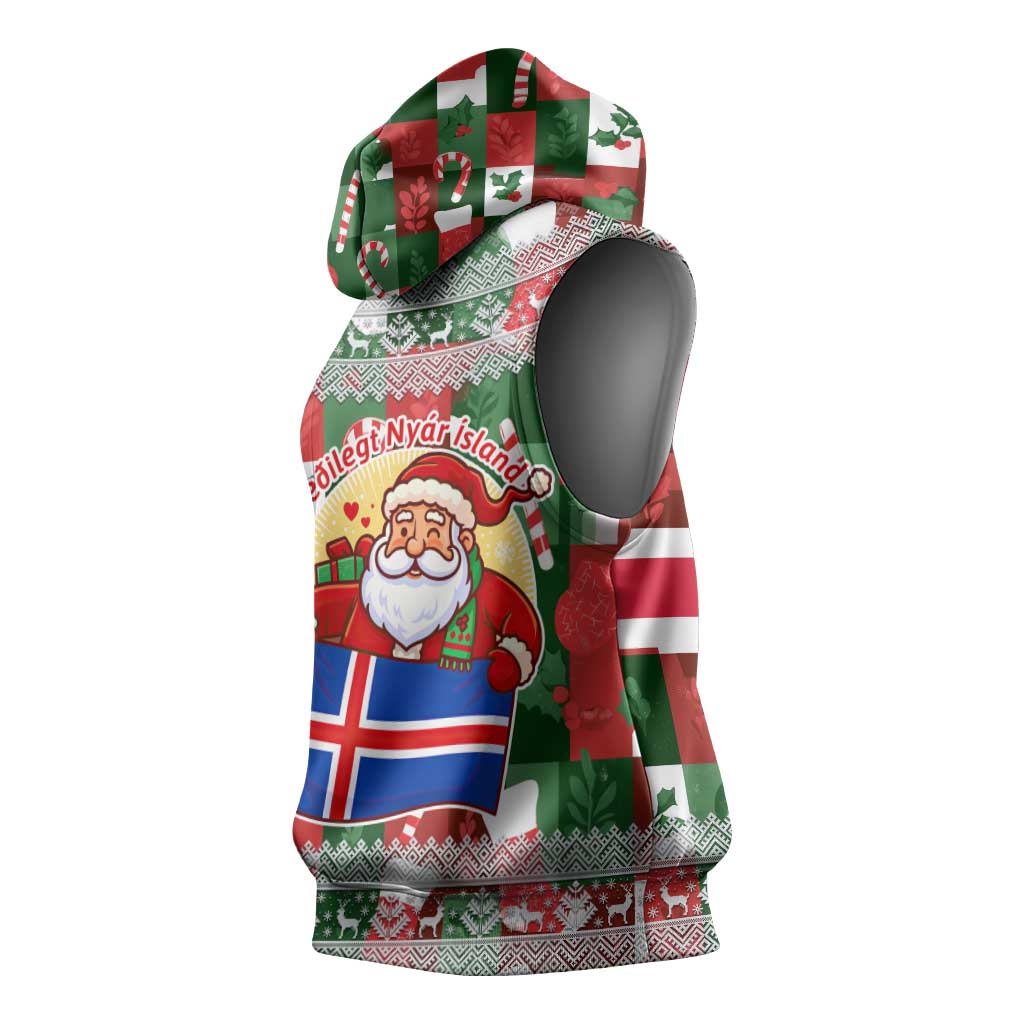 Iceland Christmas Sleeveless Hoodie with Green & Red Candy Cane Pattern Santa Claus and National Flag Motif - Wonder Print Shop
