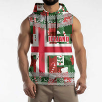 Iceland Christmas Sleeveless Hoodie with Green & Red Candy Cane Pattern Santa Claus and National Flag Motif - Wonder Print Shop