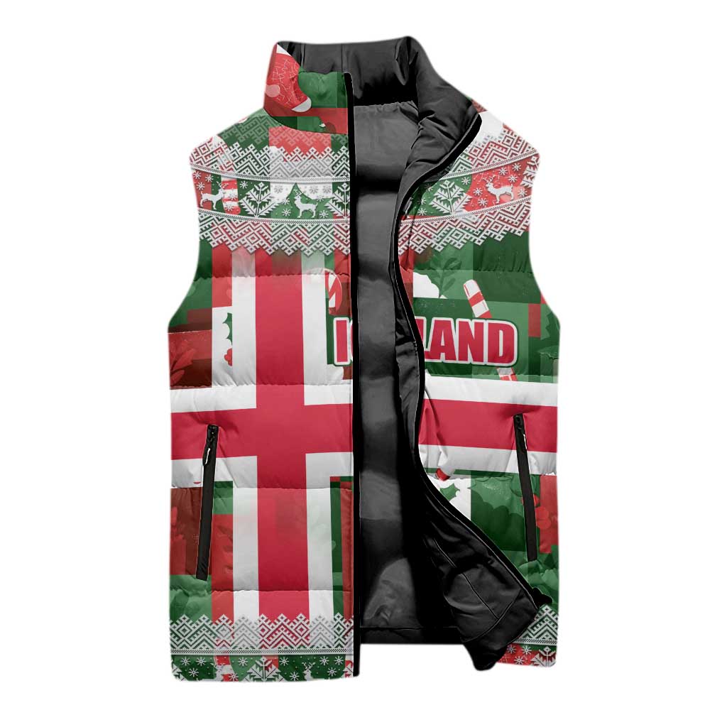 Iceland Christmas Sleeveless Puffer Jacket with Green & Red Candy Cane Pattern Santa Claus and National Flag Motif - Wonder Print Shop