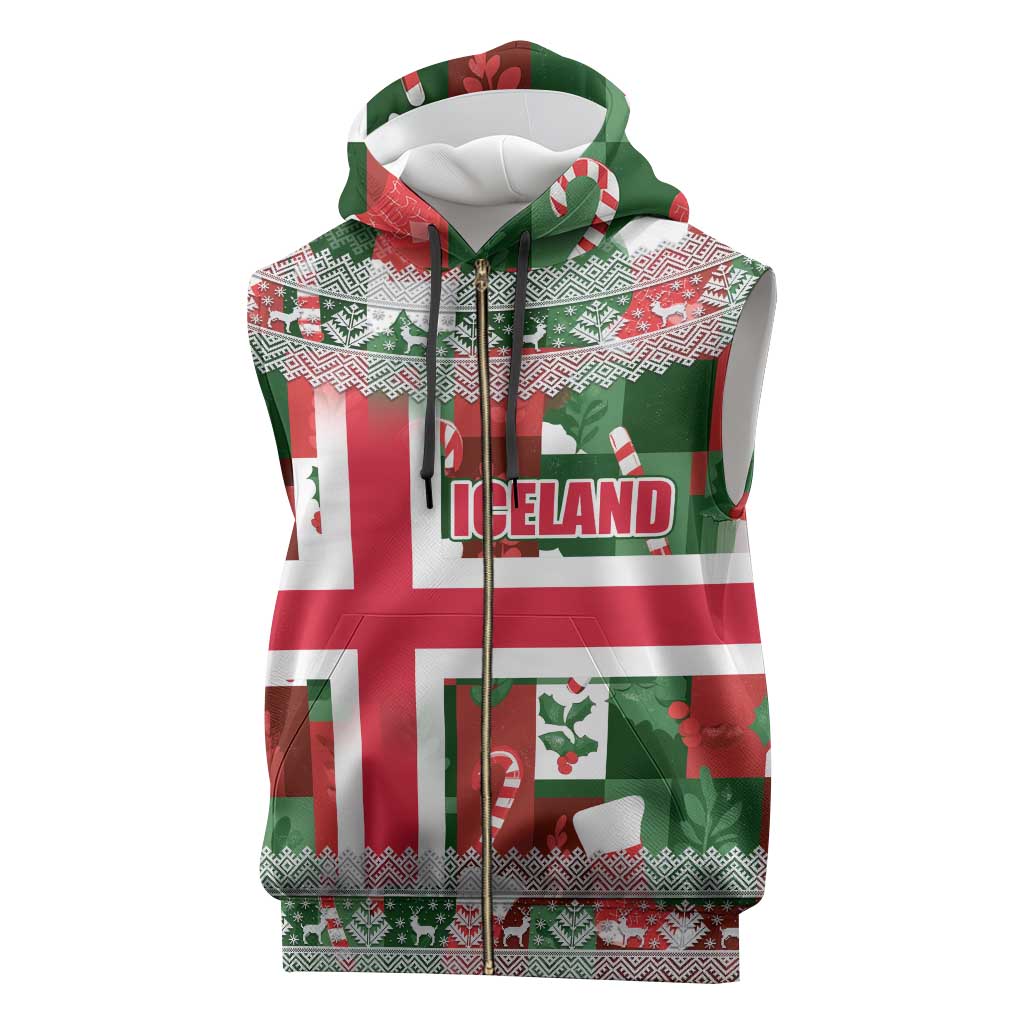 Iceland Christmas Sleeveless Zip Hoodie with Green & Red Candy Cane Pattern Santa Claus and National Flag Motif - Wonder Print Shop