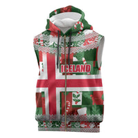 Iceland Christmas Sleeveless Zip Hoodie with Green & Red Candy Cane Pattern Santa Claus and National Flag Motif - Wonder Print Shop