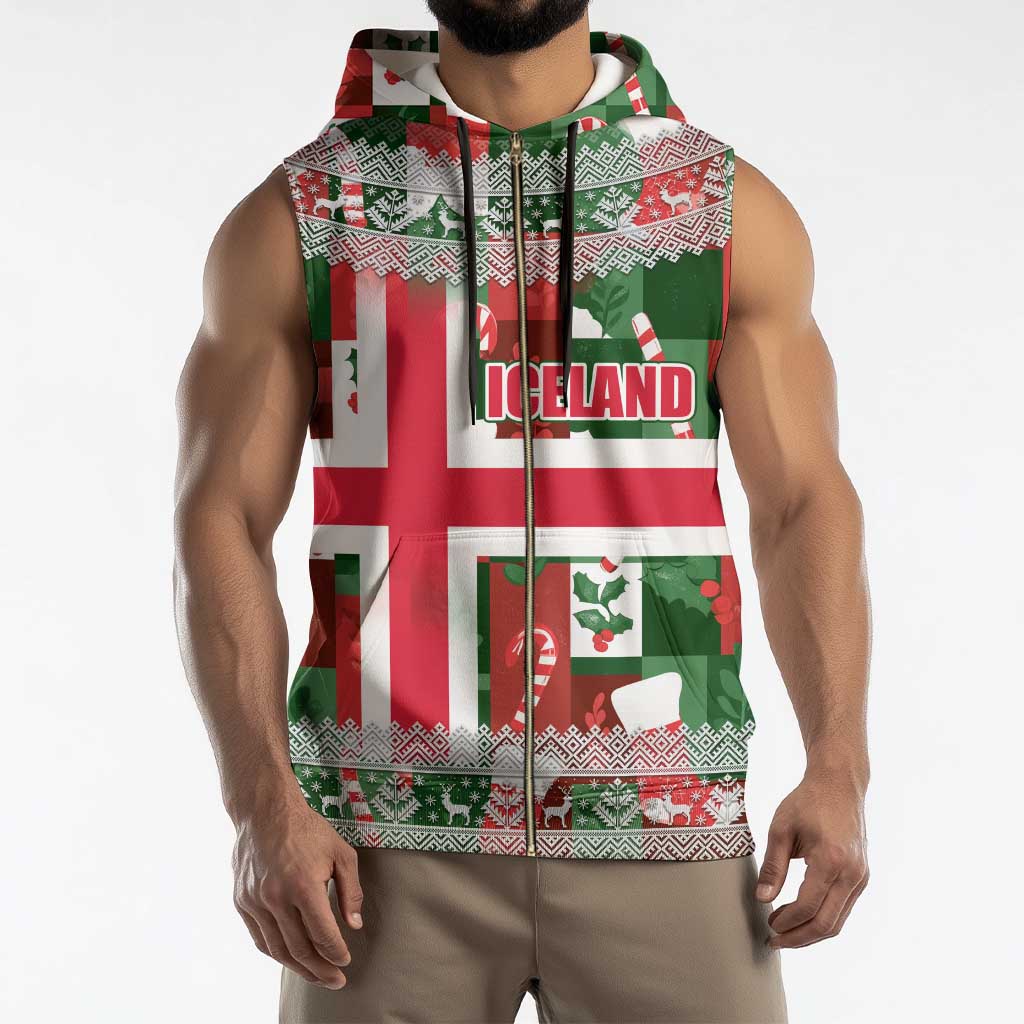 Iceland Christmas Sleeveless Zip Hoodie with Green & Red Candy Cane Pattern Santa Claus and National Flag Motif - Wonder Print Shop
