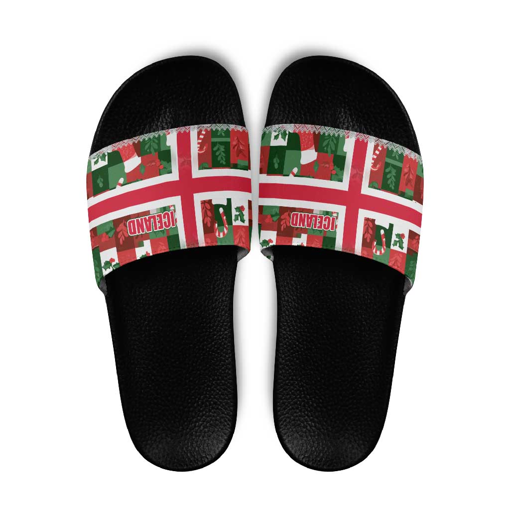 Iceland Christmas Slide Sandals with Green & Red Candy Cane Pattern Santa Claus and National Flag Motif - Wonder Print Shop
