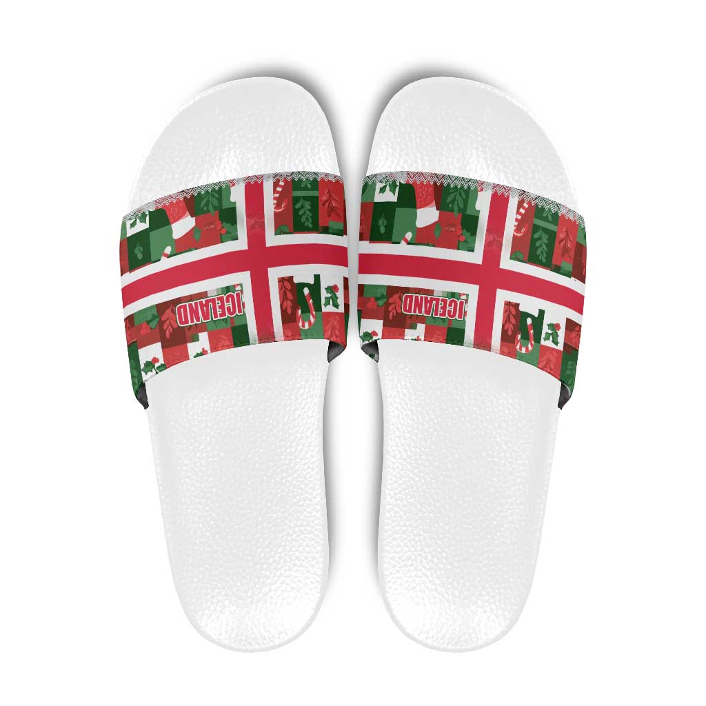 Iceland Christmas Slide Sandals with Green & Red Candy Cane Pattern Santa Claus and National Flag Motif - Wonder Print Shop