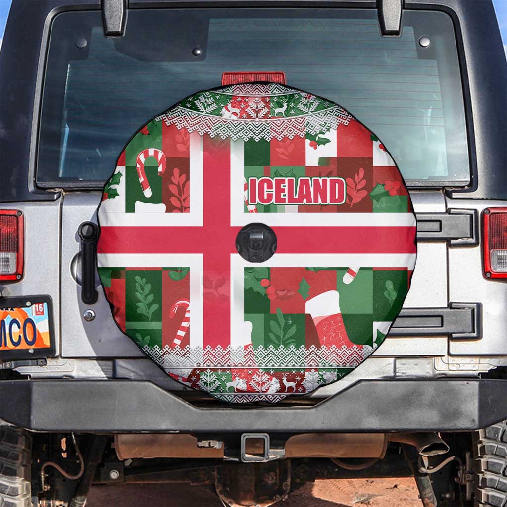 Iceland Christmas Spare Tire Cover with Green & Red Candy Cane Pattern Santa Claus and National Flag Motif - Wonder Print Shop