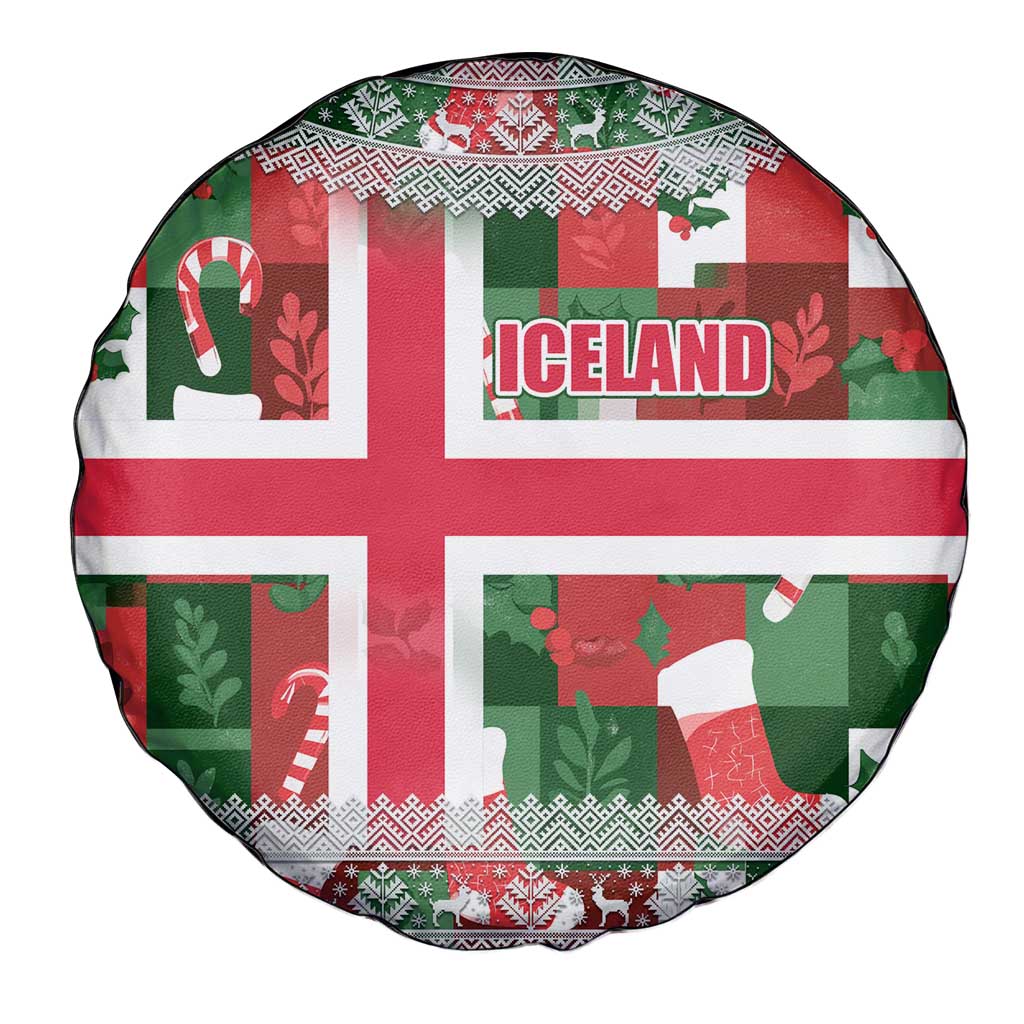 Iceland Christmas Spare Tire Cover with Green & Red Candy Cane Pattern Santa Claus and National Flag Motif - Wonder Print Shop