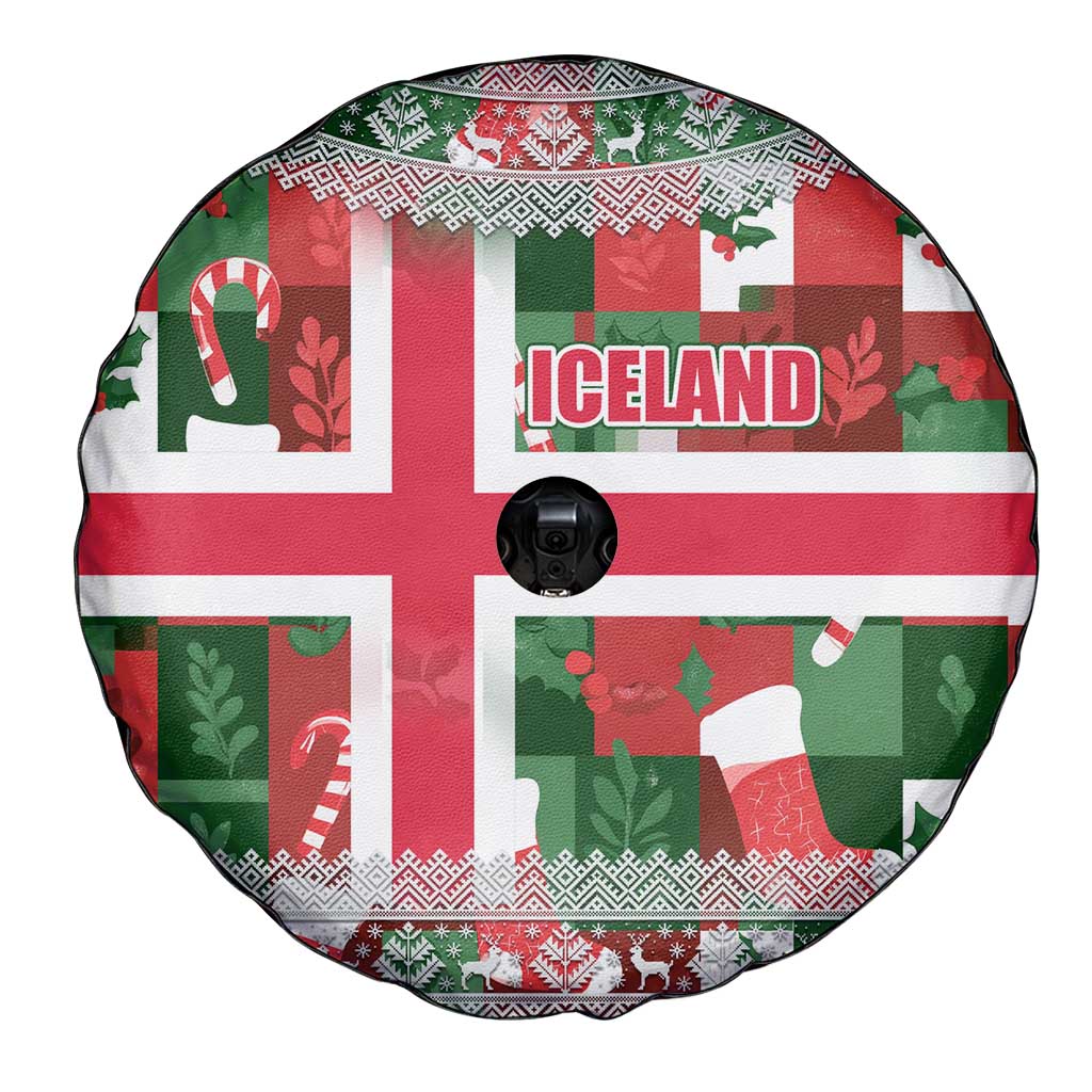 Iceland Christmas Spare Tire Cover with Green & Red Candy Cane Pattern Santa Claus and National Flag Motif - Wonder Print Shop