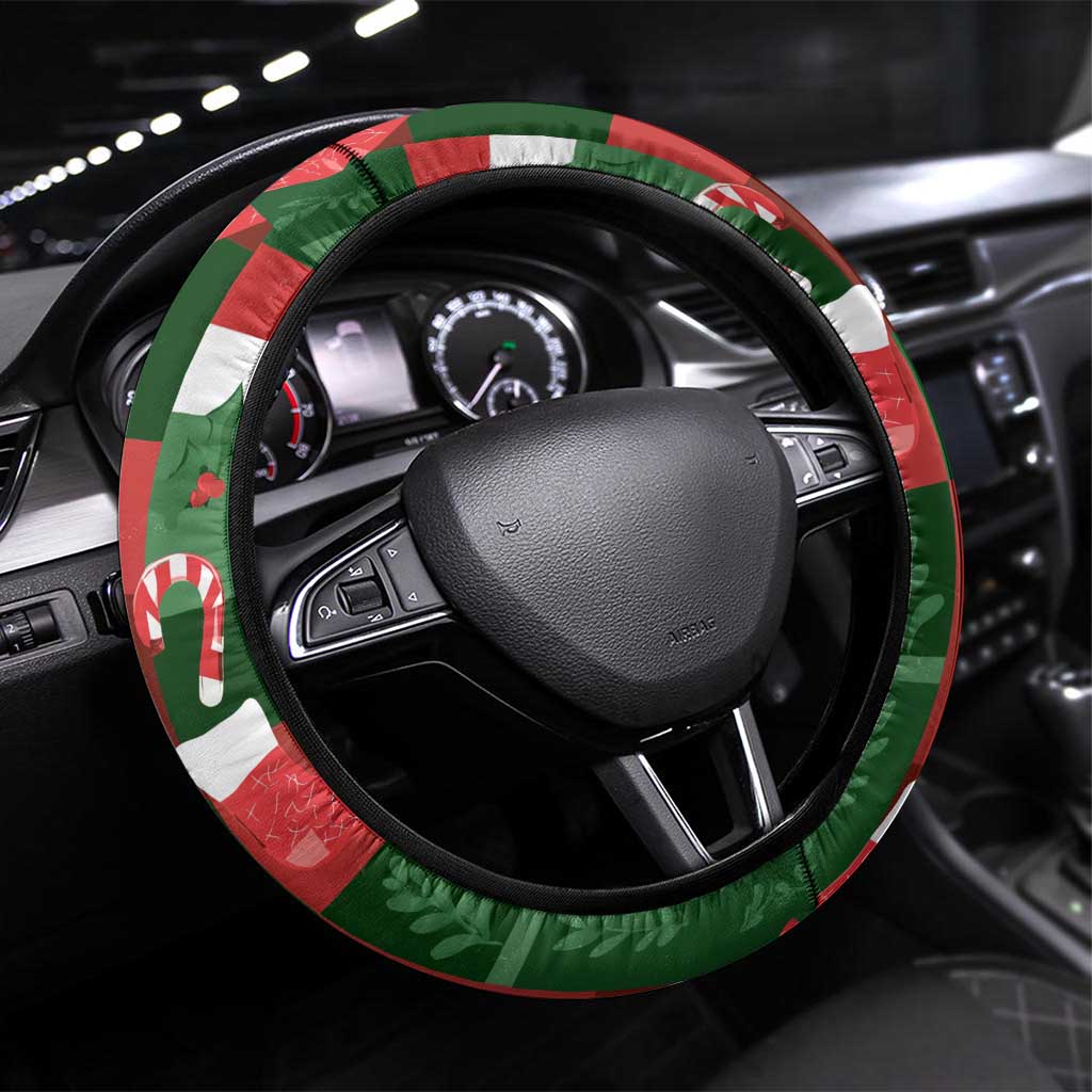 Iceland Christmas Steering Wheel Cover with Green & Red Candy Cane Pattern Santa Claus and National Flag Motif - Wonder Print Shop