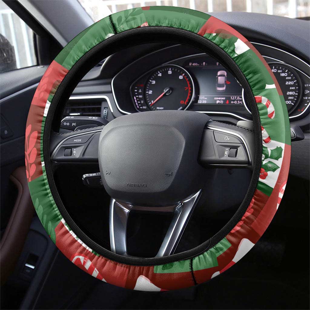 Iceland Christmas Steering Wheel Cover with Green & Red Candy Cane Pattern Santa Claus and National Flag Motif - Wonder Print Shop