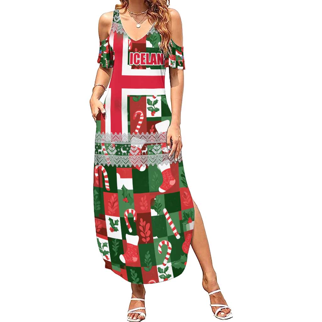 Iceland Christmas Summer Maxi Dress with Green & Red Candy Cane Pattern Santa Claus and National Flag Motif - Wonder Print Shop