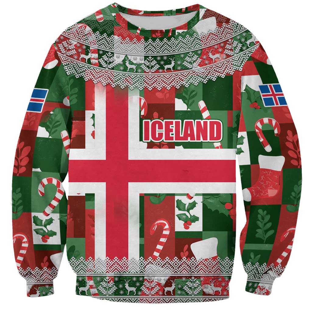 Iceland Christmas Sweatshirt with Green & Red Candy Cane Pattern Santa Claus and National Flag Motif - Wonder Print Shop