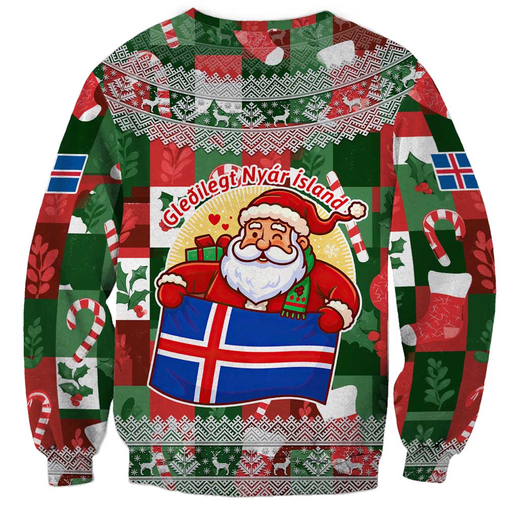 Iceland Christmas Sweatshirt with Green & Red Candy Cane Pattern Santa Claus and National Flag Motif - Wonder Print Shop