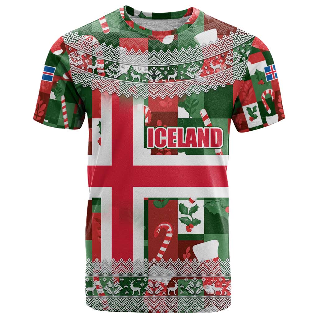 Iceland Christmas T Shirt with Green & Red Candy Cane Pattern Santa Claus and National Flag Motif - Wonder Print Shop