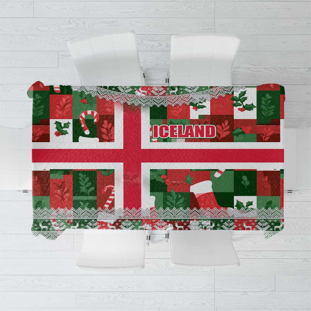 Iceland Christmas Tablecloth with Green & Red Candy Cane Pattern Santa Claus and National Flag Motif - Wonder Print Shop