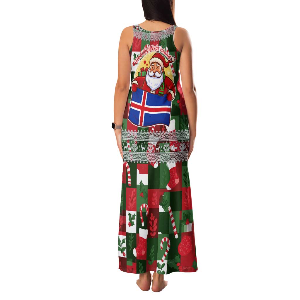 Iceland Christmas Tank Maxi Dress with Green & Red Candy Cane Pattern Santa Claus and National Flag Motif - Wonder Print Shop