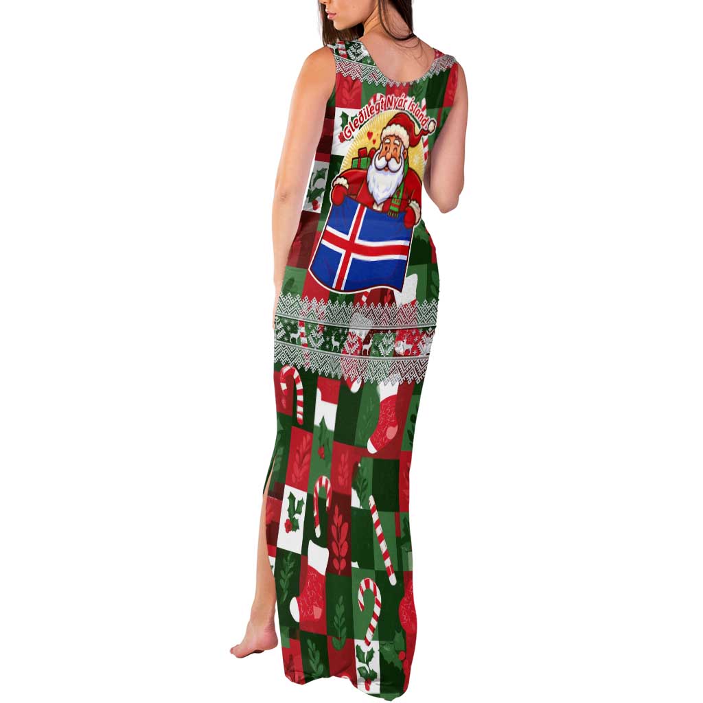 Iceland Christmas Tank Maxi Dress with Green & Red Candy Cane Pattern Santa Claus and National Flag Motif - Wonder Print Shop