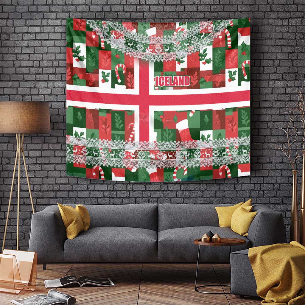 Iceland Christmas Tapestry with Green & Red Candy Cane Pattern Santa Claus and National Flag Motif - Wonder Print Shop