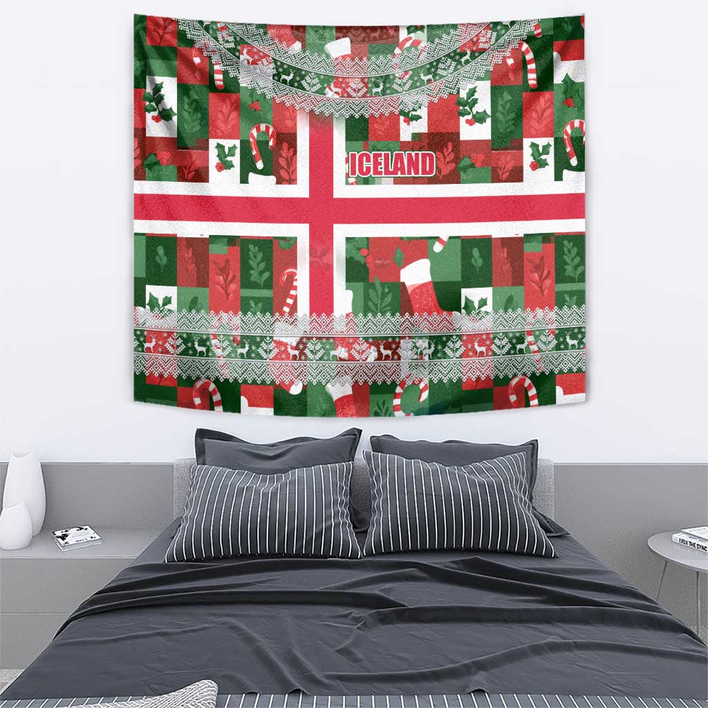 Iceland Christmas Tapestry with Green & Red Candy Cane Pattern Santa Claus and National Flag Motif - Wonder Print Shop