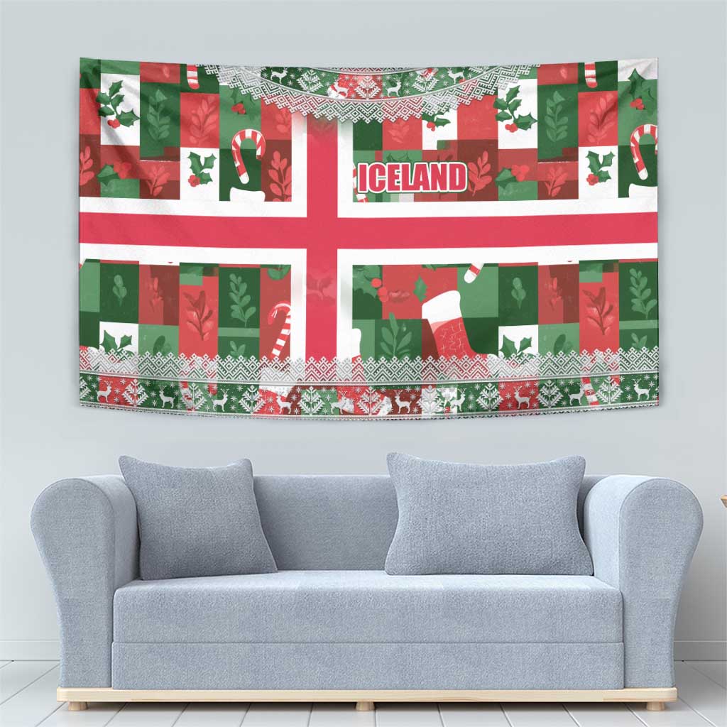 Iceland Christmas Tapestry with Green & Red Candy Cane Pattern Santa Claus and National Flag Motif - Wonder Print Shop