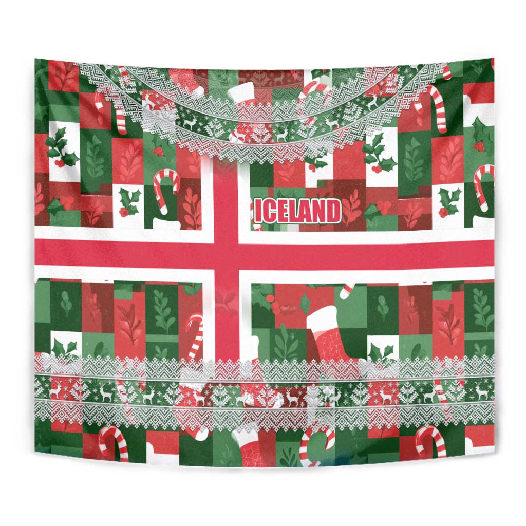 Iceland Christmas Tapestry with Green & Red Candy Cane Pattern Santa Claus and National Flag Motif - Wonder Print Shop