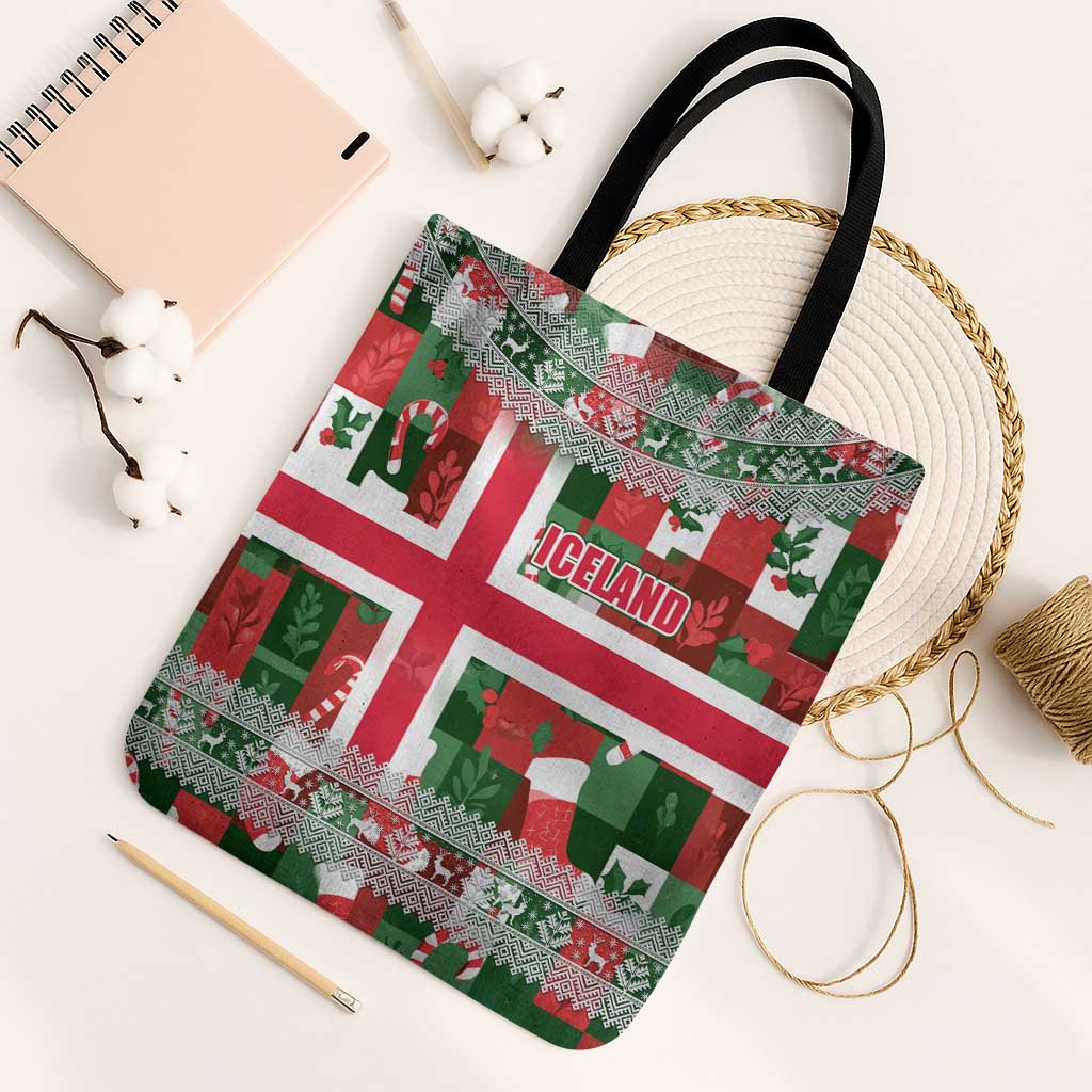 Iceland Christmas Tote Bag with Green & Red Candy Cane Pattern Santa Claus and National Flag Motif - Wonder Print Shop