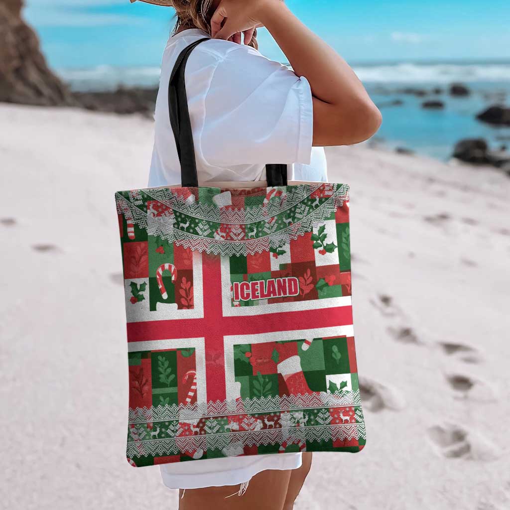 Iceland Christmas Tote Bag with Green & Red Candy Cane Pattern Santa Claus and National Flag Motif - Wonder Print Shop
