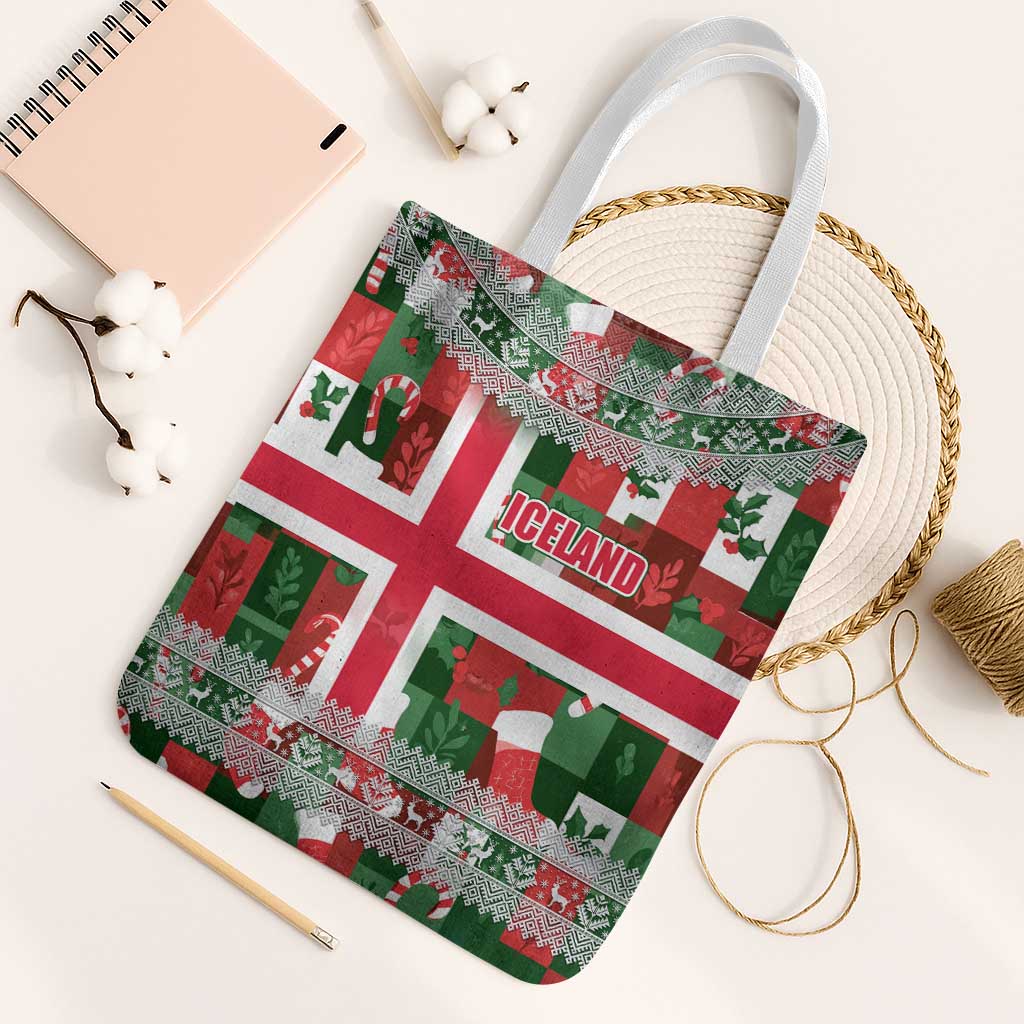 Iceland Christmas Tote Bag with Green & Red Candy Cane Pattern Santa Claus and National Flag Motif - Wonder Print Shop